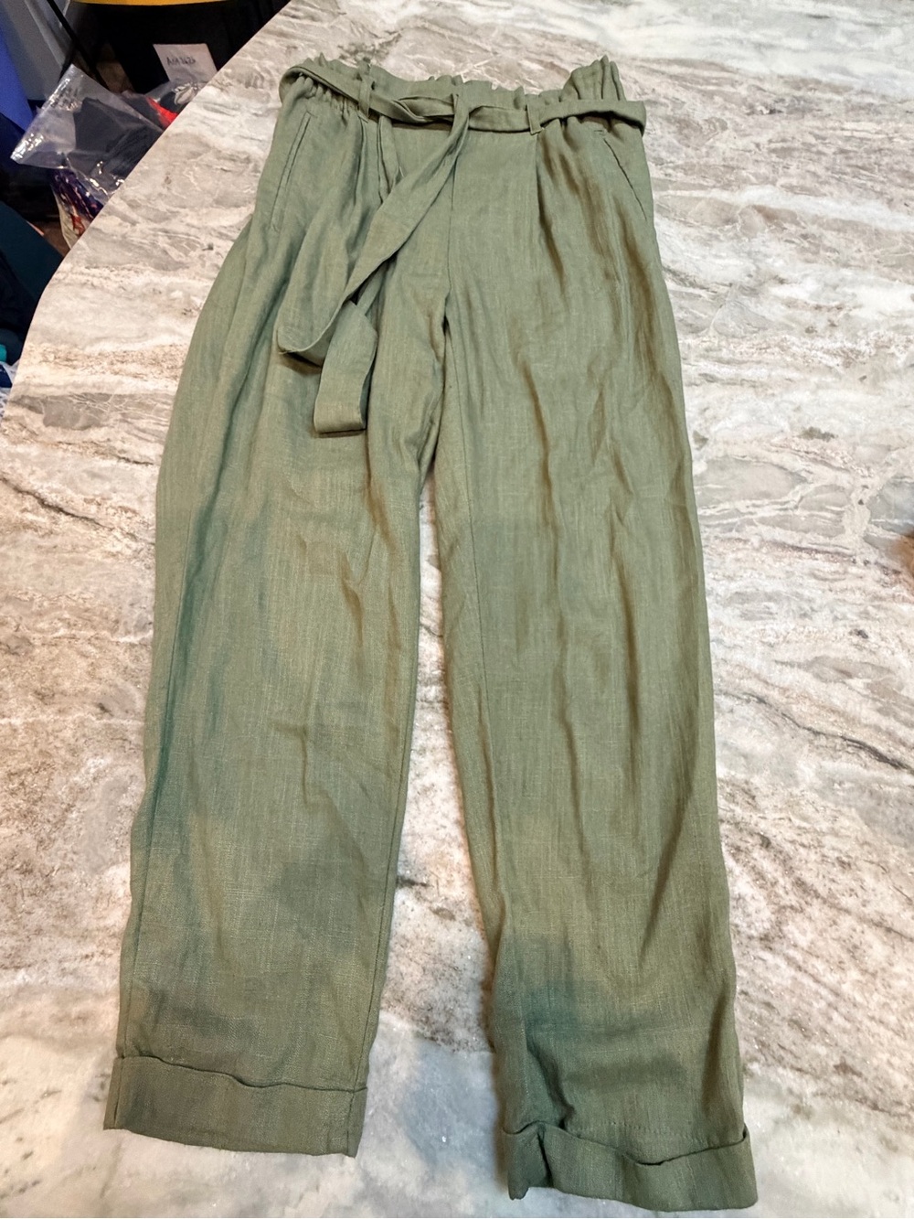 Cali 1850 Olive Green Linen Blend Paperbag Waist Pants Medium